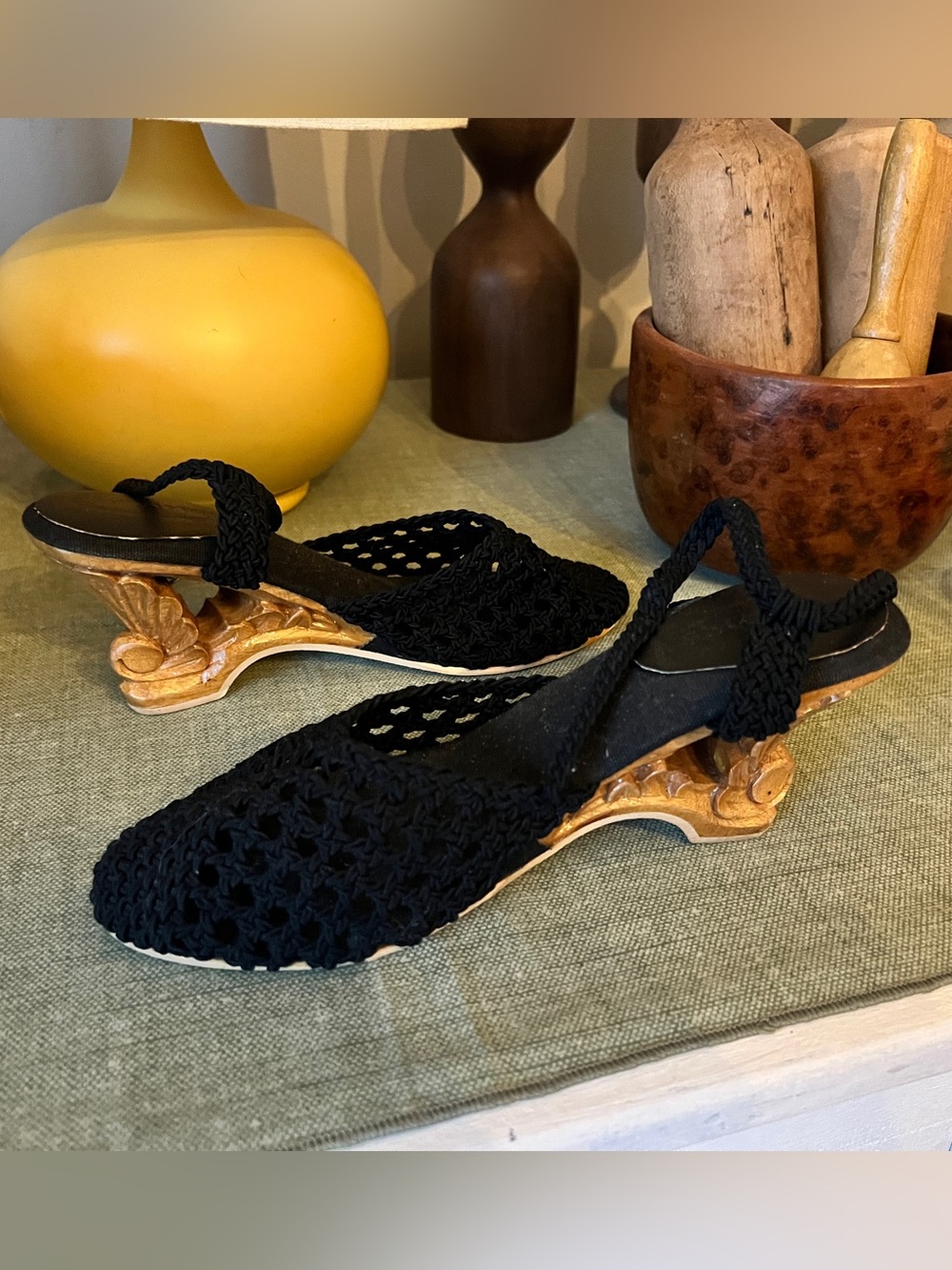 Black vintage Crochet Wedge Heels.
